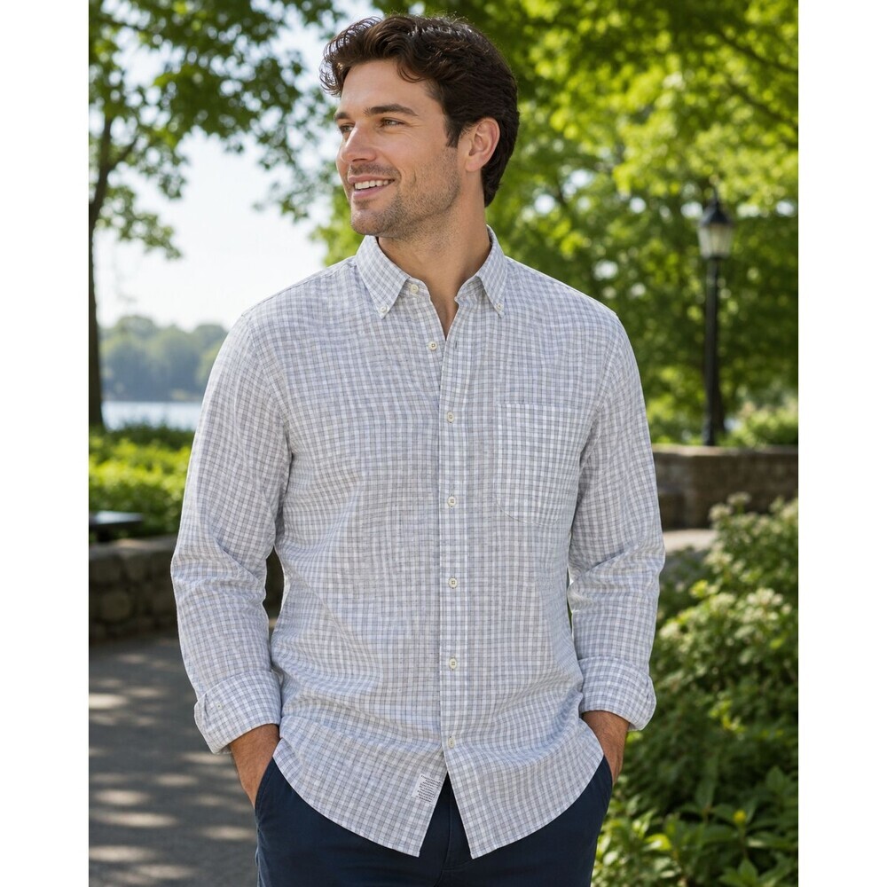 PETER MILLAR Size M Button Front Shirt Gray White Checkered Stripe 100% Cotton